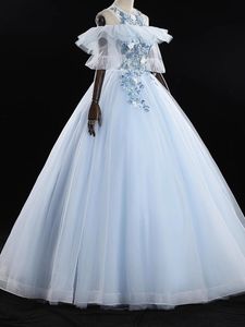 Fariy Light Sky Blue Prom Dreess Ball Gown Evening Gowns Floral Appliuque Open Back Party Quinceanera 드레스