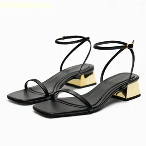 Sandaler Metal Chunky Heels Women 2023 Summer Black Ankle Strap High Heel Square Toe Slingback Fashion Sandales