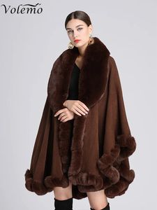 Xales Volemo Inverno Elegante V Lapela Faux Rex Rabbit Fur Casaco Cape Mulheres Grande Longo Xaile Trim Trim Manto Casaco Parka 231012