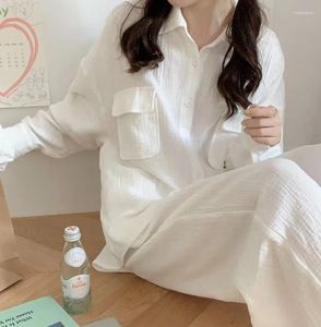 Mulheres Sleepwear Branco Algodão Gaze Mulheres Outono Inverno Turn Down Collar Pijamas Set Manga Longa Calças Macias Casa Roupas Out Wear S403