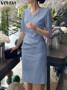 Повседневные платья 2023, летнее элегантное женское платье-рубашка VONDA, модный однотонный сарафан, сексуальный плиссированный халат миди на молнии с v-образным вырезом