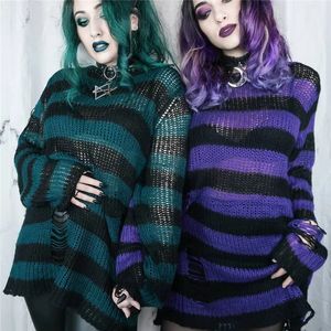 Suéteres femininos goth punk gótico suéter oversized pulôver listrado legal oco buraco quebrado jumper harajuku estética 231012