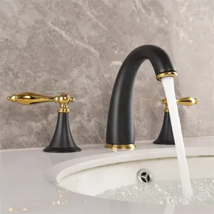 Bathroom Sink Faucets Black Gold Brass Faucet Three Hole Two Handle Cold Water Basin Mixer Tap Design Good Quality