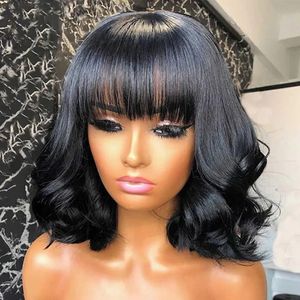 Synthetic Wigs Short Bob Wig Loose Body Wave Wig With Bangs Brazilian Remy 100% Human Hair Wigs For Women Full Machine Glueless Wavy Bob Wigs 231012