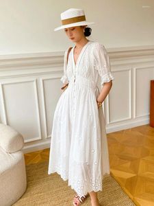 Kadın pijama zarif şık dantel midi elbise v yaka pamuk beyaz içi boş out yaz tatili kadın boho seksi vintage bayanlar elbise