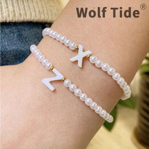 3-4mm Pearl Beaded Shell Letter Charm Bracelet Womens English 26 A-z Initial Letters Bracelets Adjustable Handicraft Jewelry Bijoux Pulseras Gifts For Ladies Mum