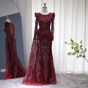 Wine Red Evening Dress Mermaid Slant Heavy Duty Pärled pärlstav långärmad klänning Dubai Arab Robe AS127