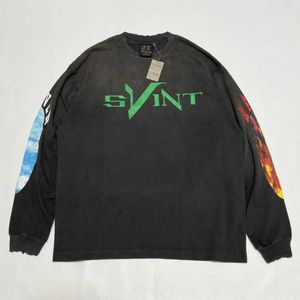 Men's Polos Top quality SAINT 22AW SKULL Long sleeve T shirt male female destroyed vintage oversize L S TEE 231012