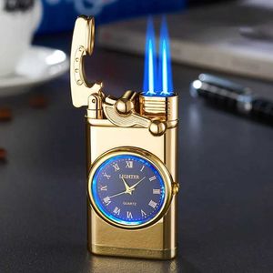 Lighters Creative Clock Rocker Ignition Double Flame Butane No Gas Lighter Metal Outdoor Windproof Turbine Torch Blue Jet