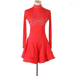 Stage Wear Red Long Sleeve Latin Dance Dress Woman Girl Diamond Professional Competition Adult Costume Tango