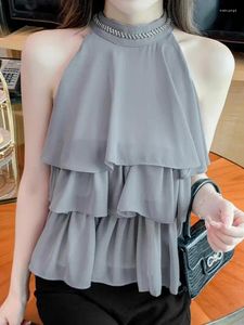 Women's Blouses Women Black Sexy Hanging O Neck Ruffles Vest Top Summer Female Sweater Sleeveless Off Shoulder Gray T-shirt Short Tanks