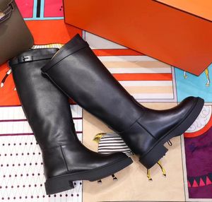 2024 Tall Boot Smooth Calfskin Buckle Slip-On Knight Boots Chunky Heel Leather Round Toe Knee High Riding Boots Luxury Designers Flats