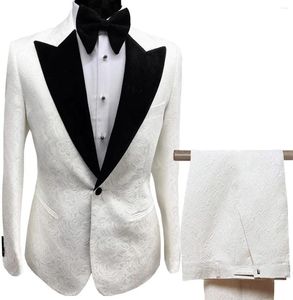 Men's Suits Mens Collar 2 Pieces White Lilac Printed Suit Groom Jacket Tuxedos For Wedding Dress Evening(Blazer Pants)