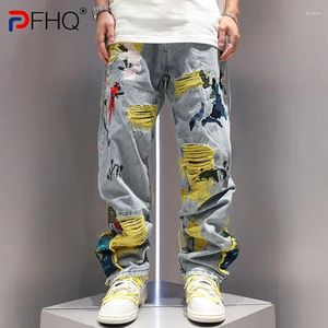 Mäns jeans PFHQ Tunga industrin Broderi Blomma Mönster Perforerad Autumn China-Chic Creativity Art Y2K Design Pants 21Z2534