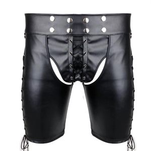 Women's Panties Sexy Men Faux Leather Side Lace-up Bondage Harness Pants Gothic Lingerie Open BuOpen Cortch Shorts Gay Fetish238J