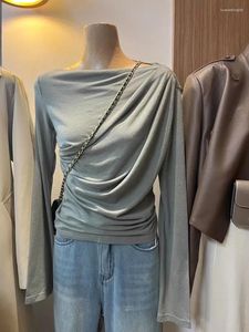Camiseta feminina syeaseam moda coreana 2023 outono simples uma linha pescoço camiseta plissada manga longa inferior top roupas femininas