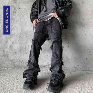 Uncedonjm hiphop flare jeans män kläder bred ben streetwear svarta goth kläder för uz69268t