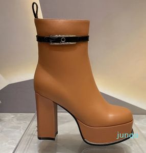 Light Tan Ankle Boots Designer Buckle Soft Leather Womens Shoes Zip Platform Heel Roman Bootie