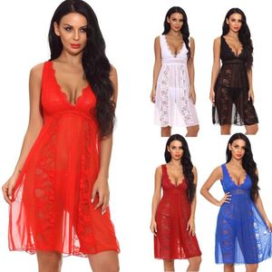 Kvinnors sexiga plunging V-hals Vit brudläder Eyelash Lace och Mesh Kne Length Nightrown Sheer Babydoll Chemise Dress S238C