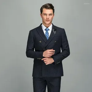 Mäns kostymer Luxury Wool Black Grey Double Breasted Slim Fit Wedding Blazer Pants Europe Gentlemen High-End Costumn