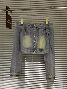 Giacche da donna Moda di alta qualità 2023 Autunno / inverno Cappotto di jeans con spalle scoperte Manica lunga Slim Fit Camicia in edizione corta Top femminile