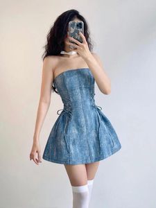 Vestidos casuais sylcue verão despedida de solteira vintage elegante maduro melly dogsome feminino imitação denim plissado a-line vestido