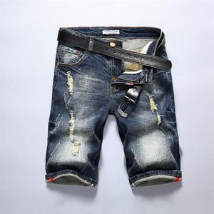 Homens magros jeans shorts marca rasgado bermuda verão capri motociclista designer roupas buraco denim metade overrall short2940