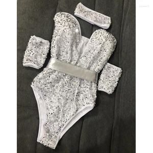 Sahne Giymek Seksi Alçak Göğüs Gümüş Sequin Bodysuit Tayt Gece Kulübü Bar Performans Giysileri DJ Dancer Takım Göster Gogo Dance Costume