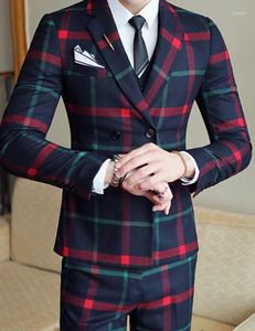 Men's Suits Red Plaid For (Jacket Vest Pant) 2023 Party Wedding Men Costume Mariage Homme Check Male Suit British Style