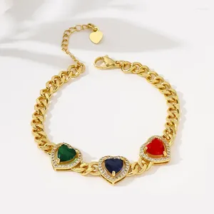 Link Bracelets Gold Color Curb Chain Zircon Bracelet For Women Simple Stainless Steel Heart Charm Chains Punk Jewelry Birthday Wholesale