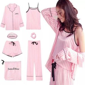 Pink Striped Pajamas Silk Satin Femme Pajama Set 7 Pieces Stitch lingerie Robe pyjamas Women Sleepwear pjs 201109277l