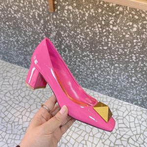 Dress Shoes Large Metal Rivet Pink Leather Women Party 6cm High Hoof Heels Square Toe Sexy Wedding Slip-On Women's