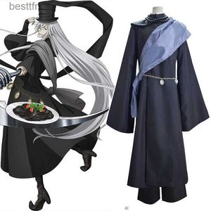 Tema traje preto mordomo kuroshitsuji undertaker cosplay vem festa de halloween vem feito sob encomenda conjunto completo chapéu corrente peruca cosl231013