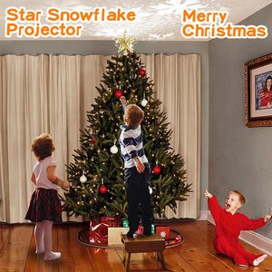 Juldekorationer Julgran Topper Star Snowflake Projector Light 3D LED Roterande glitter ihåligt träd topper Juldekoration Ornament 231013