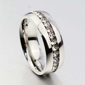 30pcs Silver Comfort Fit Rhinestone Zircon Stainless Steel Wedding Rings Full circle with CZ Whole Jewelry lots195T
