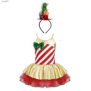 Theme Costume Kid Girls Sequins Striped Christmas Elf Party Cosplay Come Xmas Ballet Tutu Dress Figure Skating Dance Leotard with Santa HatL231013