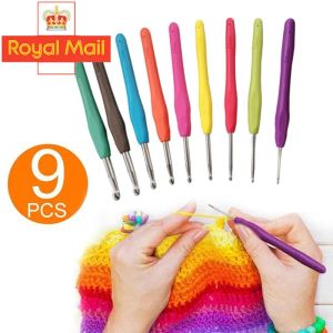 9st Stick Tool Sweater Needle TPR Mjukt handtag Aluminium virkning Färghandtag Tröja Diy Craft Scarf Sy Nålar Stickning