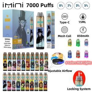 Imini İspanyolca İngiliz Kutu Ambalaj Pod Tuz Tek Kullanımlık Vape E Sigara Pufu 7000 Puffs 20mg Çilek Karpuz Limonata Karpuz Buz