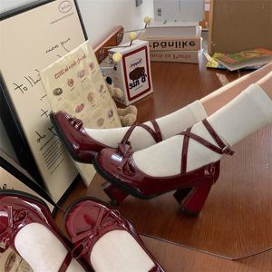 Kleid Schuhe Rot Mary Jane Frauen Pumpen Dicke High Heels Weibliche Lolita Karree Frühling Mode Party Leder Frau Neue 231013