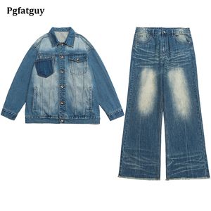 Retro mavi erkek ceket kot setler m-5xl kontrast renk denim ceket ve geniş bacak düz pantolon rahat gevşek iki parça takım elbise