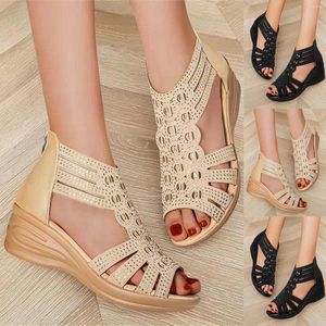 Sandalen Damen Sommer Einfach Retro Strass Slope Heel Hohl Fischmaul Große Größe Für Frauen 12 Breit