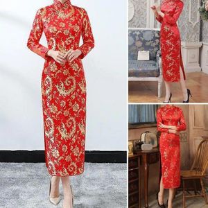 Etniska klädkvinnor Cheongsamklänning Slim Fit Elegant Chinese Style Women's Dresses For Weddings Parties med höga slitsar