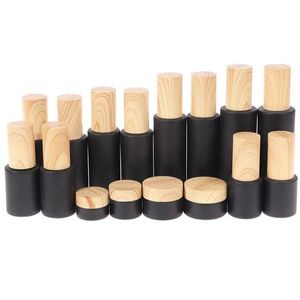 Black Frosted Glass Cream Bottle Cosmetic Lotion Spray Bottles Empty Refillable Jars with Wood Grain Plastic Lids Ildwt