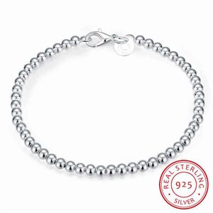 100% 925 Solid Real Sterling Silver Fashion 4mm Beads Ball Chain Bracelet 20cm for Teen Girls Lady Gift Women Fine Jewelry234D