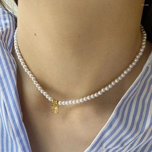 Pendant Necklaces Square Gold Color CZ Inlay Imitation Pearl Necklace For Women Collar Stainless Steel Clasp Fashion Jewelry