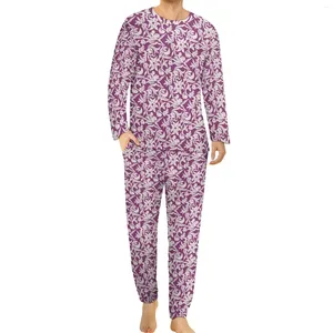 Mäns sömnkläder Floral Ditsy Pyjamas Long Sleeves Purple Flower Two Piece Casual Set Spring Men Graphic Kawaii Overdimensionerad