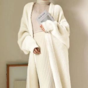 Women's Wool Blends white Long Cardigan for women 2023 winter clothes Knitted fluffy long sleeve Cashmere sweater coat clotkorean style warm vintage 231012
