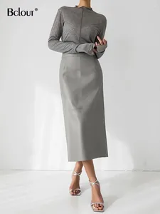 Юбки Bclout, осенние серые кожаные женские 2023, элегантные офисные женские черные юбки из искусственной кожи, прямые модные вечерние длинные женские с разрезом