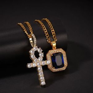 Egipski Ankh Key of Life Bling Rhinestone Cross Cross z czerwonym rubinowym wisiorkiem Zestaw Men Men Hip Hop Biżuter