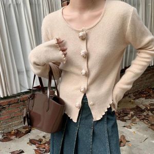 Women's Knits Rose Button Up Ligthweight Crop Sweater Cardigan Beige Ruffle Detailed Long Sleeve Soft Knitted Shirt